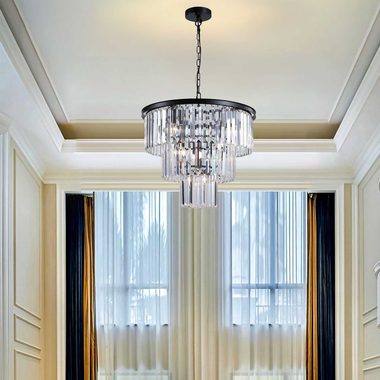 (NEW SKU:W1340P189315) 20" Modern Crystal Chandelier with Black Finish – Elegant 7-Light Pendant Light with 3 Tier Crystal Strands for Dining Room, Living Room, or Bedroom (Bulb Not Included) - luxuryhomedecoridea.com