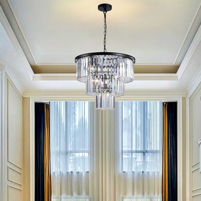 (NEW SKU:W1340P189315) 20" Modern Crystal Chandelier with Black Finish – Elegant 7-Light Pendant Light with 3 Tier Crystal Strands for Dining Room, Living Room, or Bedroom (Bulb Not Included) - luxuryhomedecoridea.com