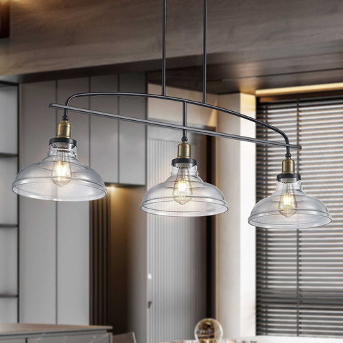 45" Industrial 3-Light Pendant Chandelier with Clear Glass Shades, Black Metal Frame, Adjustable Height, Modern Farmhouse Lighting for Kitchen Island, Dining Room, or Living Room (Bulb Not Included) - luxuryhomedecoridea.com