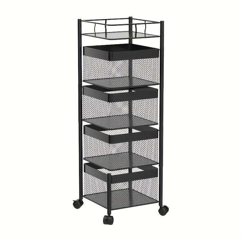 Rotating Kitchen Storage Shelf 5 Tier, Metal Fruit Vegetable Storage Basket Multi-Layer Vegetable Rack Storage Trolley on Wheels, Floor-Standing Basket for Kitchen Bathroom, Square - luxuryhomedecoridea.com