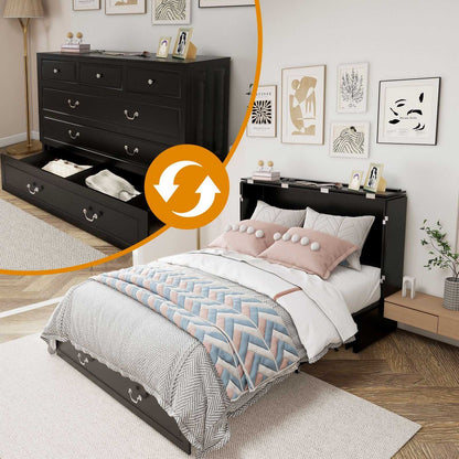 Queen Size Murphy Bed Frame with Drawers Murphy Chest Bed with Charging Station, 2 USB Ports Mobile Murphy Bed Sleeping Arrangement for Multipurpose Area for Bedroom Living Room Guest Room White&Wood - luxuryhomedecoridea.com