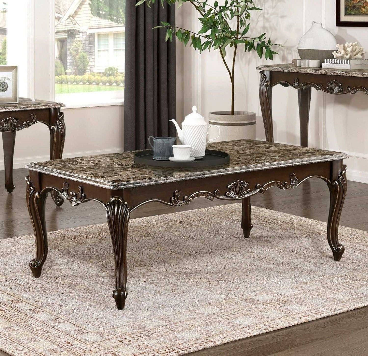 Formal Traditional Luxury 1pc Marble Top Cocktail Table Cherry Finish with Gold Tipping Living Room Furniture - luxuryhomedecoridea.com