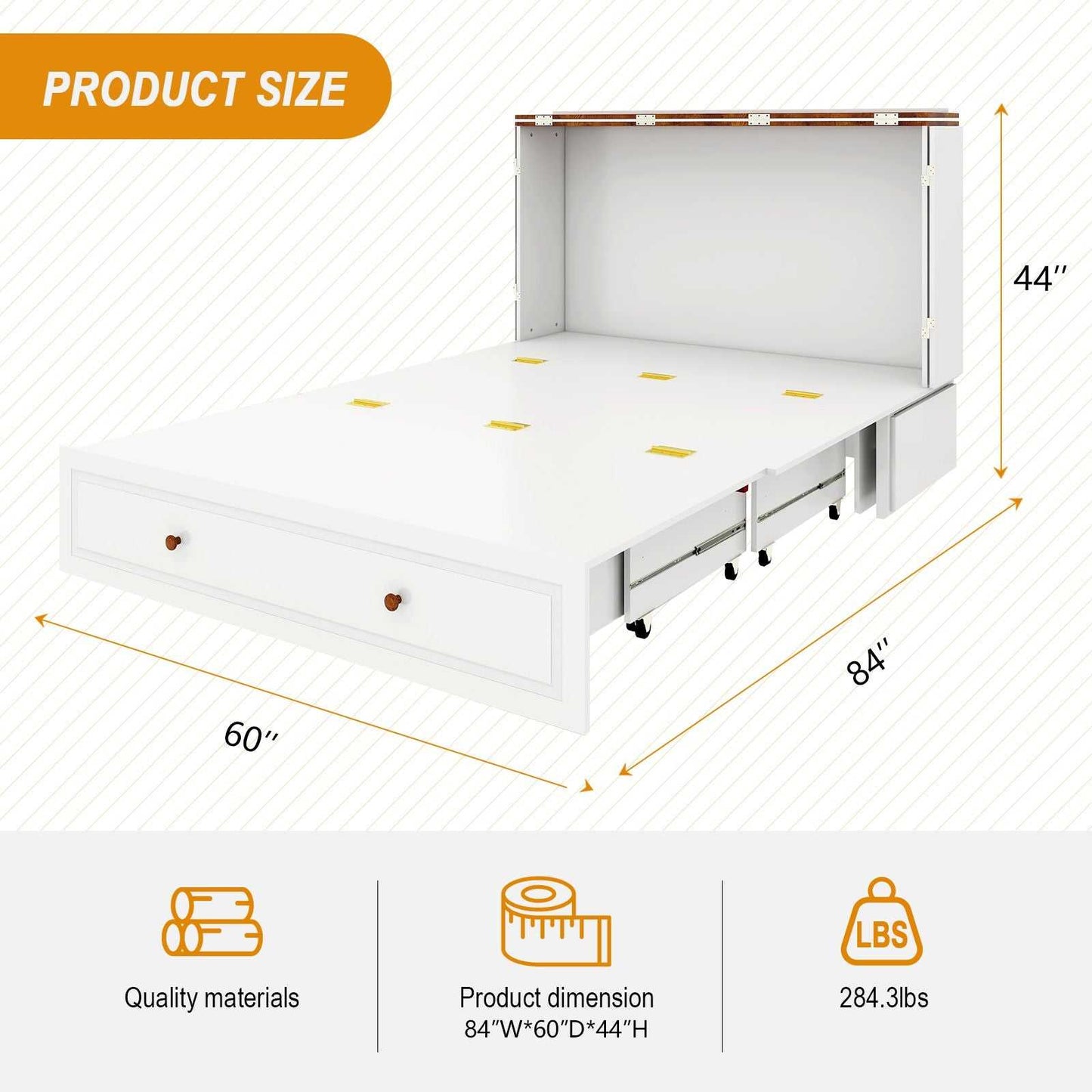Queen Size Murphy Bed Frame with Drawers Murphy Chest Bed with Charging Station, 2 USB Ports Mobile Murphy Bed Sleeping Arrangement for Multipurpose Area for Bedroom Living Room Guest Room White&Wood - luxuryhomedecoridea.com