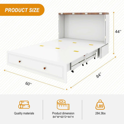 Queen Size Murphy Bed Frame with Drawers Murphy Chest Bed with Charging Station, 2 USB Ports Mobile Murphy Bed Sleeping Arrangement for Multipurpose Area for Bedroom Living Room Guest Room White&Wood - luxuryhomedecoridea.com