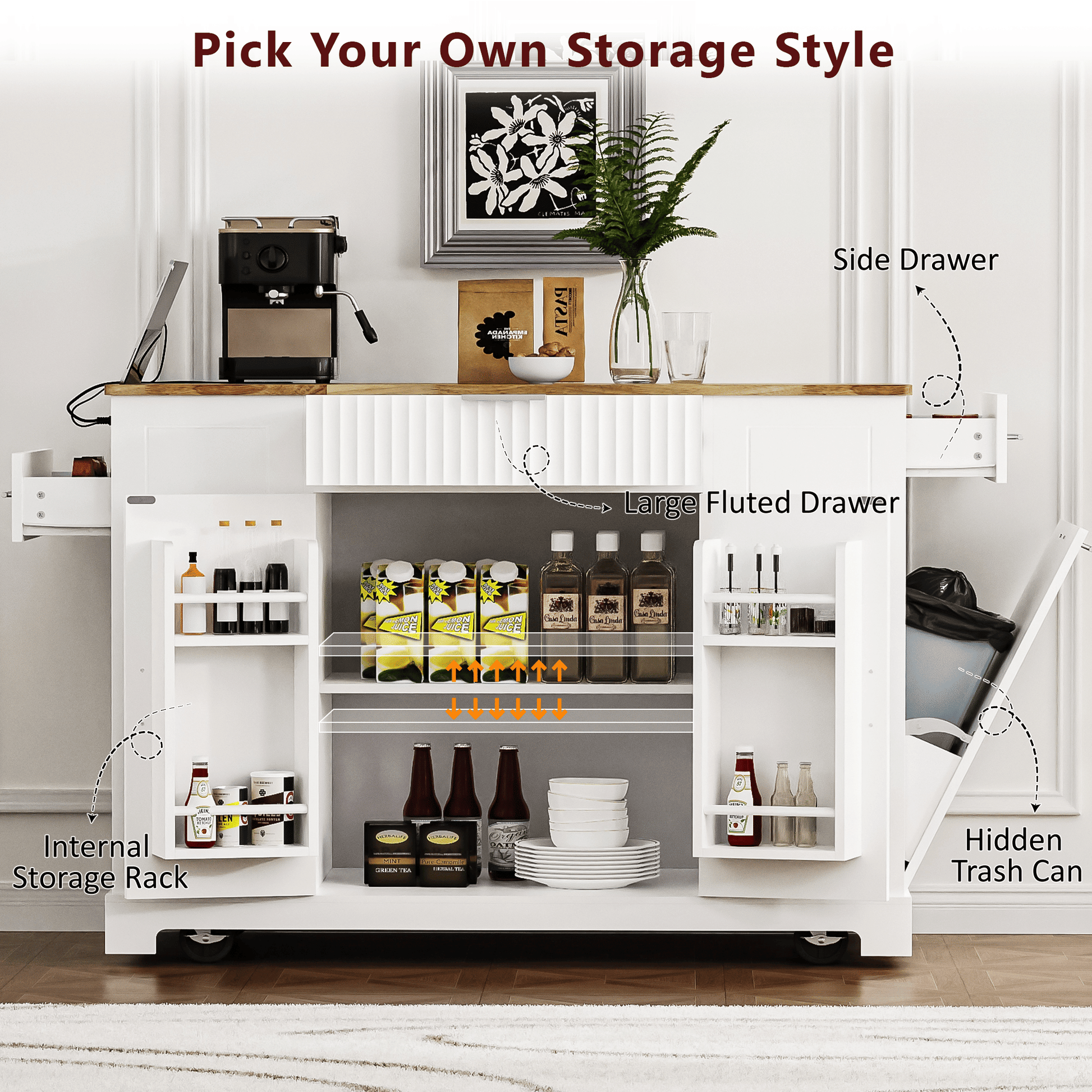 Fluted Kitchen Island with Trash Can Storage Cabinet, Power Outlet, Internal Storage Rack, Rolling Kitchen Islands on 5 Wheels with 3 Drawer, 3 Open Side Racks for 10 Gallon Garbage Bin - luxuryhomedecoridea.com
