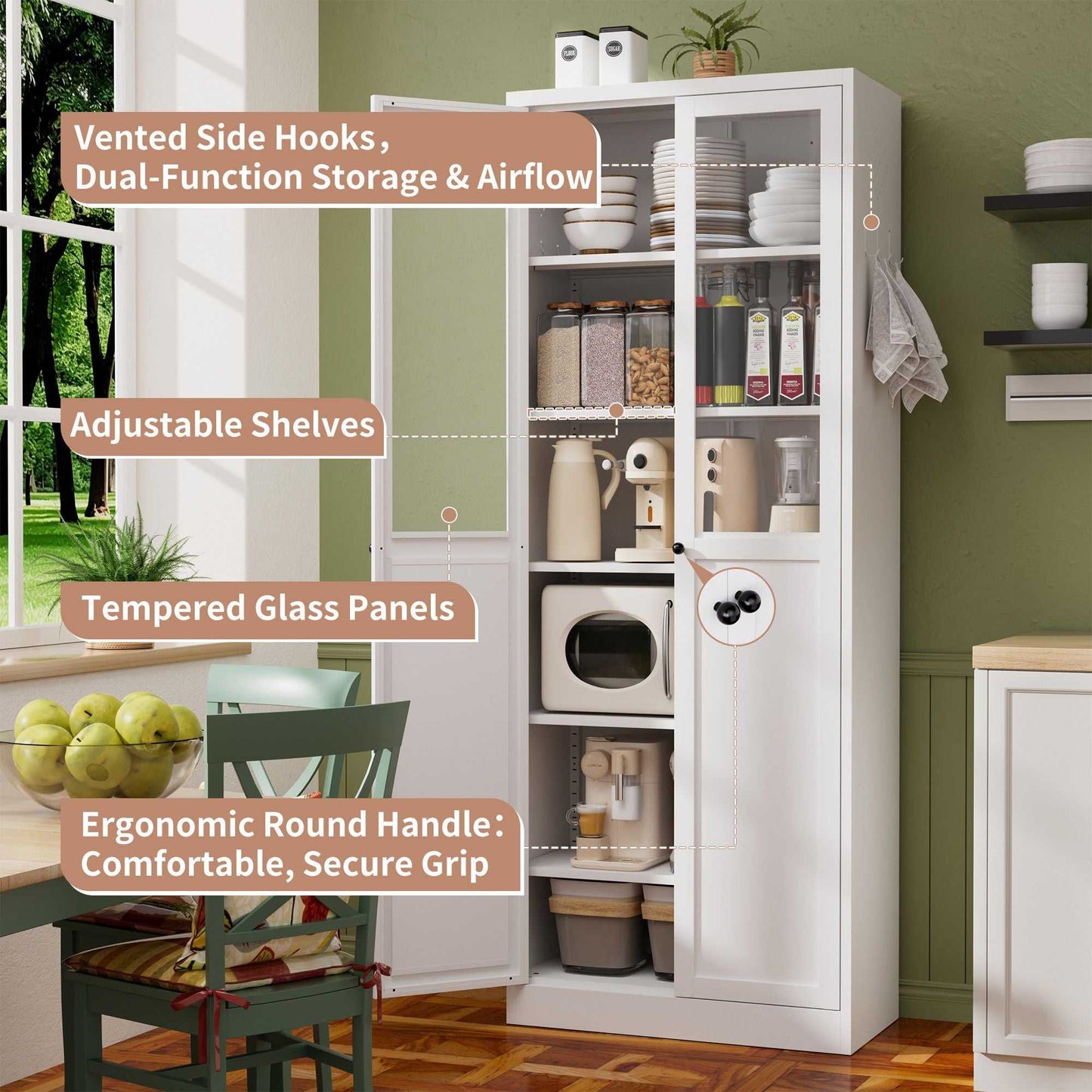 72" Metal Kitchen Pantry Cabinet with Doors & Shelves, Tall Heavy-Duty Adjustable Storage Organizer, Tool-Free Assembly Freestanding Cabinet for Living Room, Bathroom, White - luxuryhomedecoridea.com