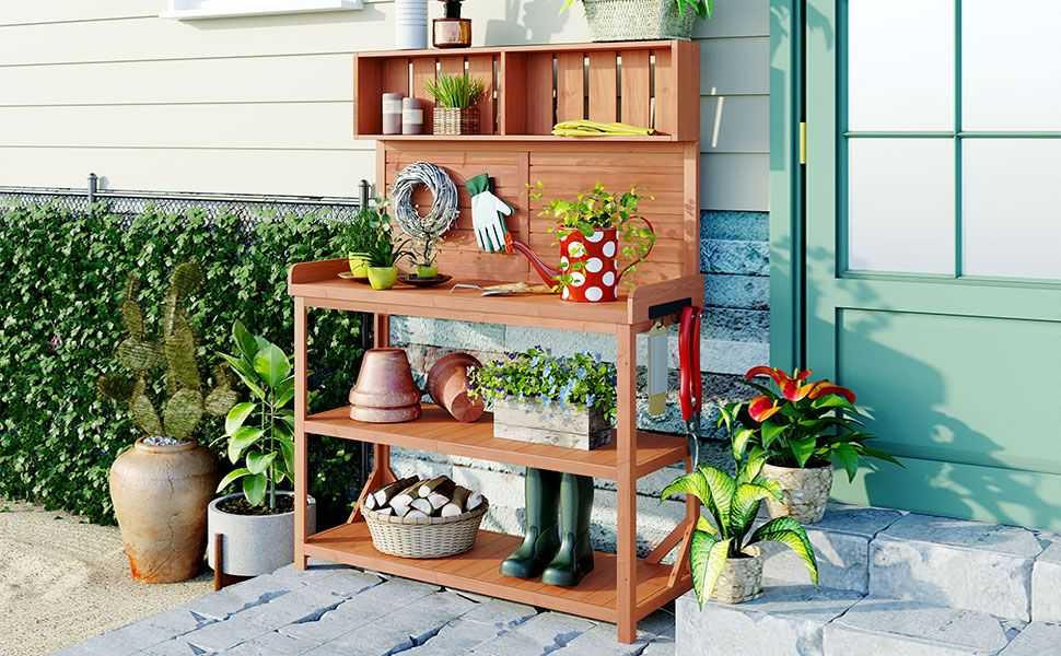 65" Large Wooden Farmhouse Rustic Outdoor Potting Bench Table; Patio Workstation; Garden Potting Bench with 4 Storage Shelves and Side Hook - luxuryhomedecoridea.com
