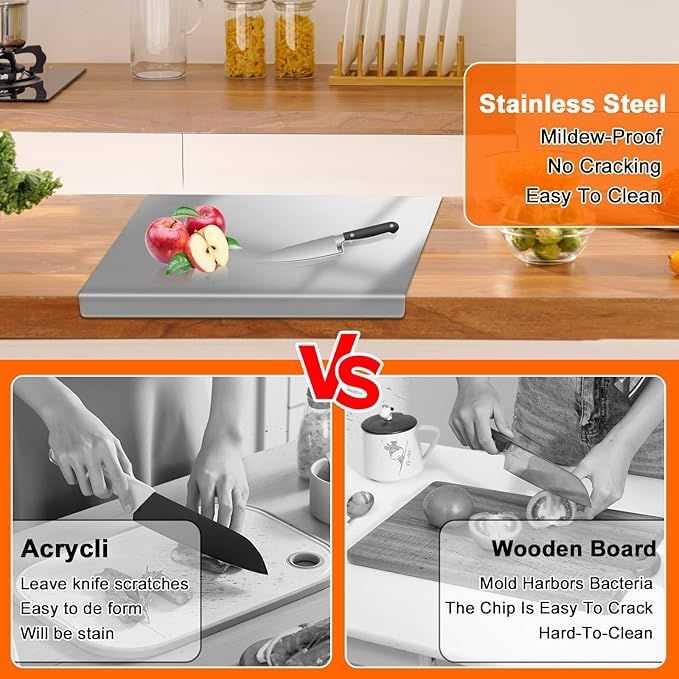 Stainless Steel Cutting Board with Lip for Kitchen Chopping Boards for Countertop Large Metal Cutting Board over Sink Suitable for Meat Fruits Vegetables Bread Noodle and Pizza Bamboo Knives - luxuryhomedecoridea.com
