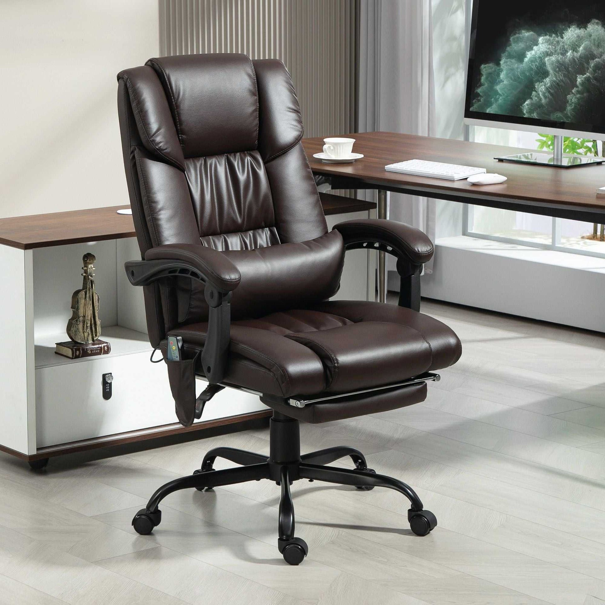 High Back PU Leather Massage Office Chair, 6 Vibration Points, Ergonomic with Footrest, Adjustable Height, Remote, Brown - luxuryhomedecoridea.com