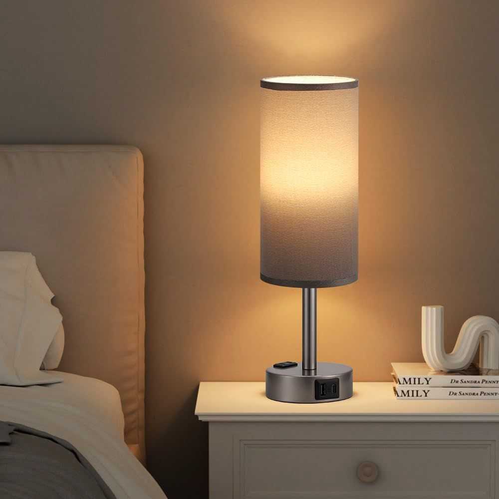 Grey Bedside Table Lamp for Bedroom - 3 Way Dimmable Touch Lamp USB C Charging Ports and AC Outlet, Small Lamp for Living Room, Desk, LED Bulb Included - luxuryhomedecoridea.com