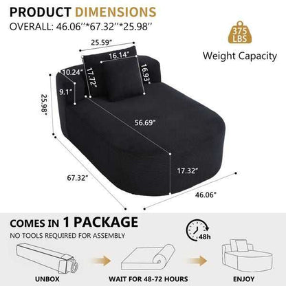 67.5''Chaise Lounge Chair 46'' Wide Seat Indoor Corduroy Oversized Sleeper Sofa for Living Room Deep Seat Lounge and Two Soft Pillows Convertible Boneless Sofa Bed, Black,No Assembly Required - luxuryhomedecoridea.com