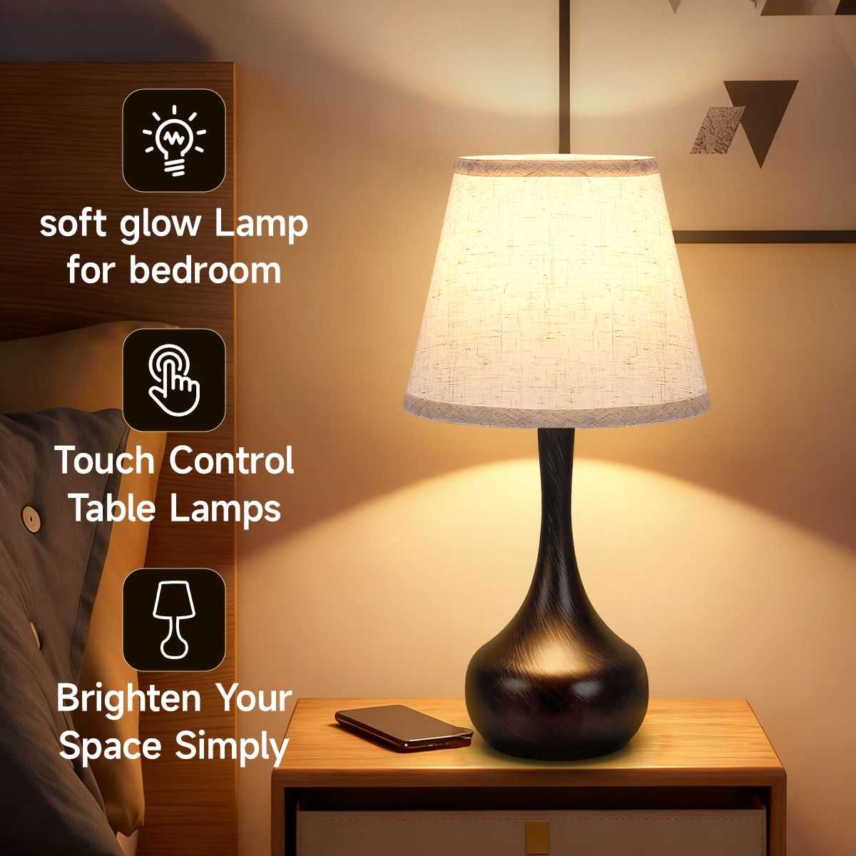 Touch Lamps for Nightstand Bedside Lamps Set of 2, 3 Way Dimmable Light for Bedoom, Desk, Living Room,Sofa Table(LED Bulbs Included) - luxuryhomedecoridea.com