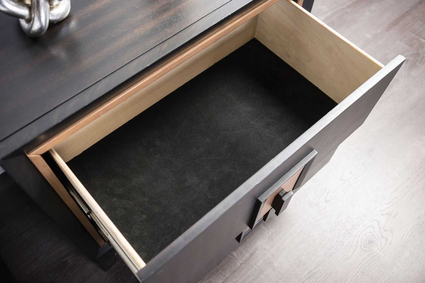 Modern Espresso Bedside Table Bedroom Furniture 1pc Nightstand Gold Accent Trim Wooden Finger Pull - luxuryhomedecoridea.com