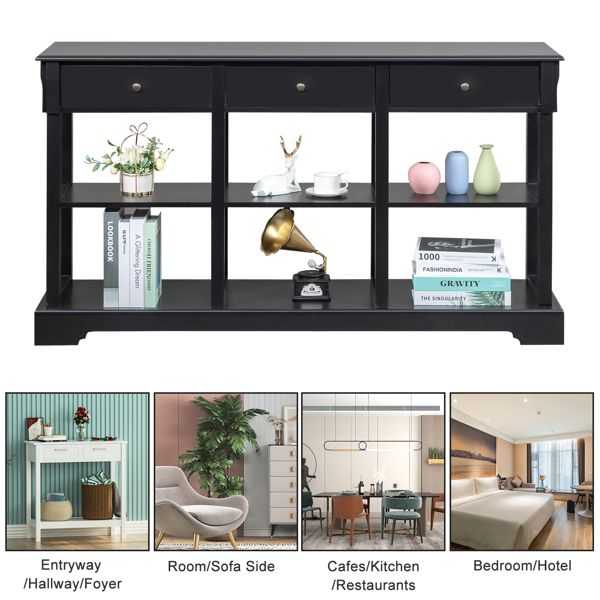 Console Sofa Table with Ample Storage; Retro Kitchen Buffet Cabinet Sideboard with Open Shelves and 3 Drawers; Accent Storage Cabinet for Entryway/Living Room Black Color - luxuryhomedecoridea.com