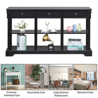 Console Sofa Table with Ample Storage; Retro Kitchen Buffet Cabinet Sideboard with Open Shelves and 3 Drawers; Accent Storage Cabinet for Entryway/Living Room Black Color - luxuryhomedecoridea.com