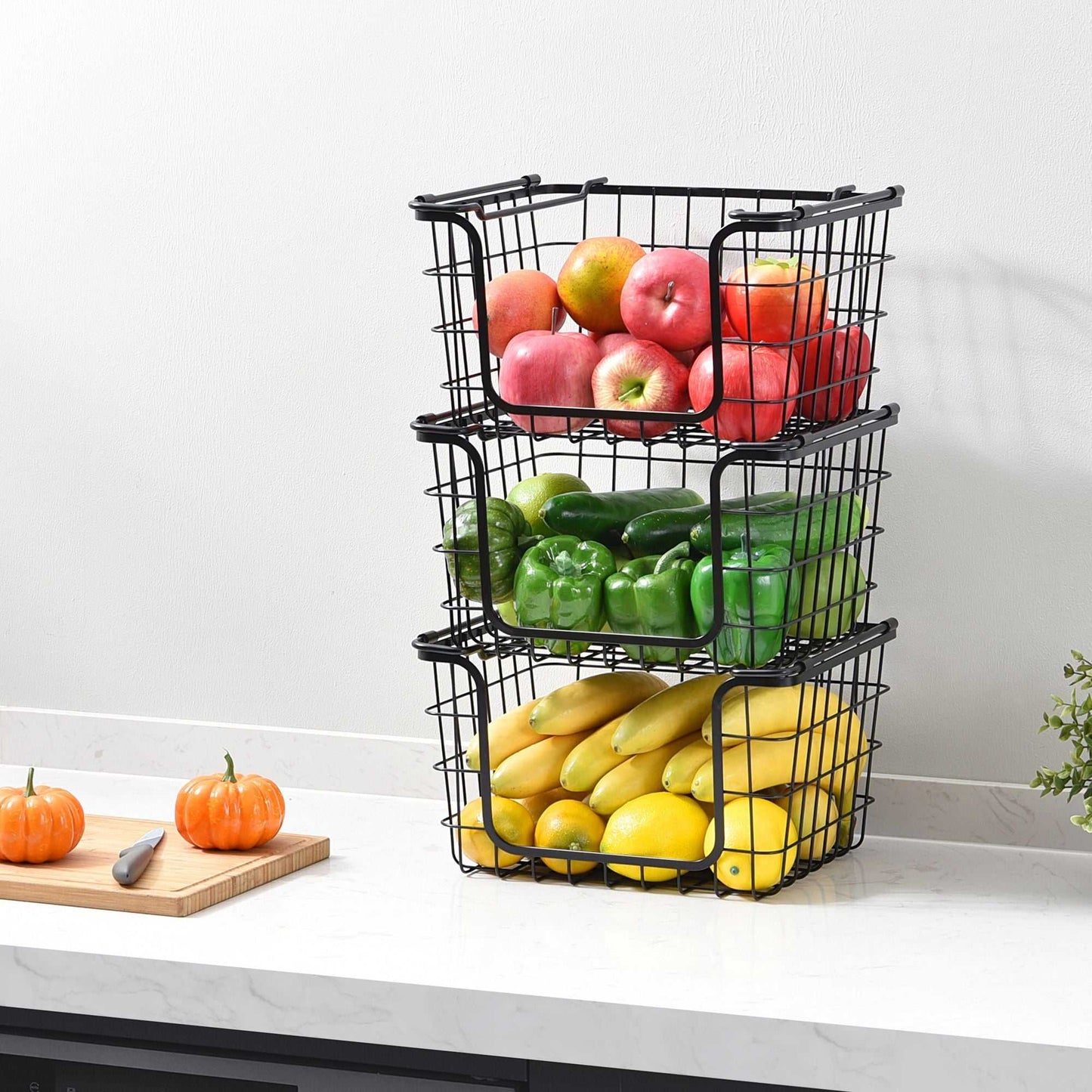 Oceanstar Stackable Metal Wire Storage Basket Set for Pantry, Countertop, Kitchen or Bathroom – Black, Set of 3 - luxuryhomedecoridea.com