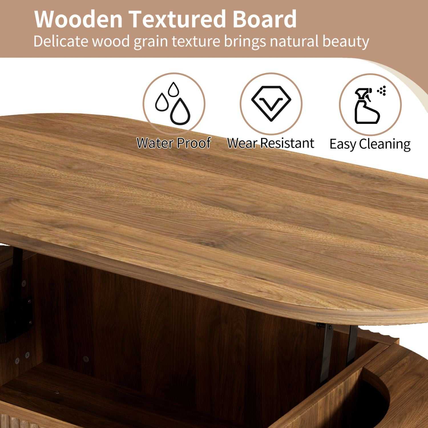Fluted Lift Top Coffee Table with Hidden Compartment, Wooden Center Table, Modern Oval Lift Tabletop for Home Living Room Office, Walnut Brown Color - luxuryhomedecoridea.com