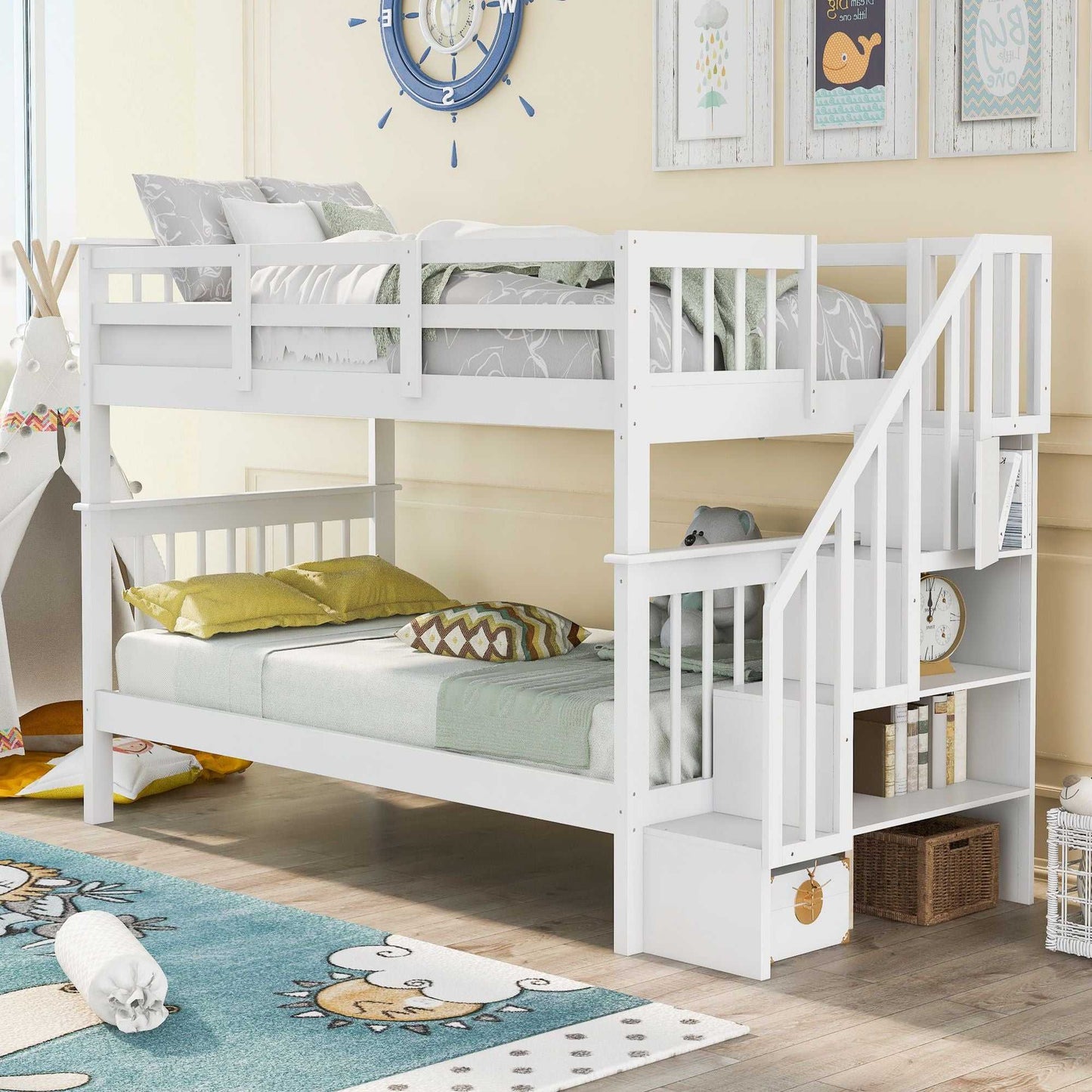 Stairway Twin-Over-Twin Bunk Bed with Storage and Guard Rail for Bedroom, Dorm - luxuryhomedecoridea.com
