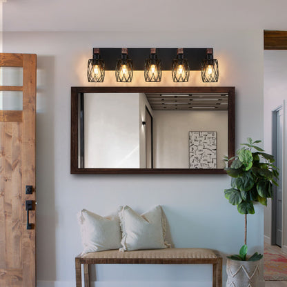 31" Industrial Vintage 5-Light Wall Sconce - Black Cage Wall Lighting Fixture with Wooden Accents for Bathroom, Hallway, or Living Room (Bulb Not Included) - luxuryhomedecoridea.com