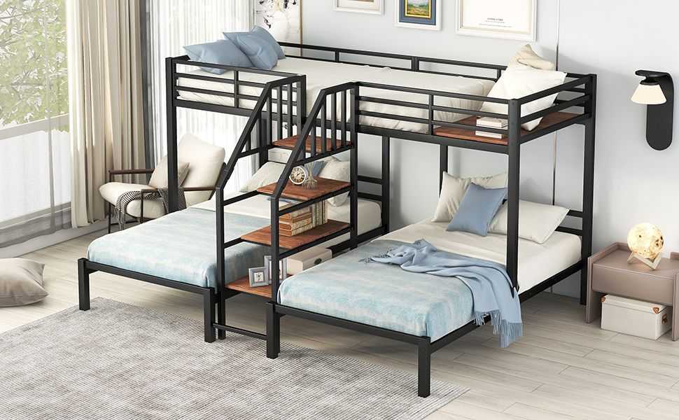 Metal Twin over Twin & Twin Bunk Bed, Triple Bunk Bed with Storage Shelves Staircase, Black - luxuryhomedecoridea.com