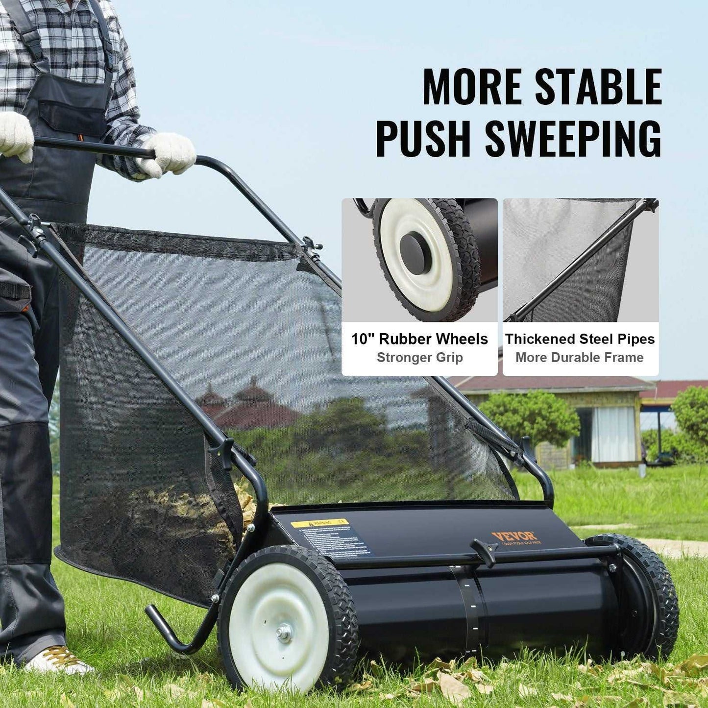 VEVOR Push Lawn Sweeper, 26-inch Leaf & Grass Collector, Strong Rubber Wheels & Heavy Duty Thickened Steel, Durable to Use with Large Capacity 7 cu. ft. Mesh Collection Hopper Bag, 4 Spinning Brushes - luxuryhomedecoridea.com