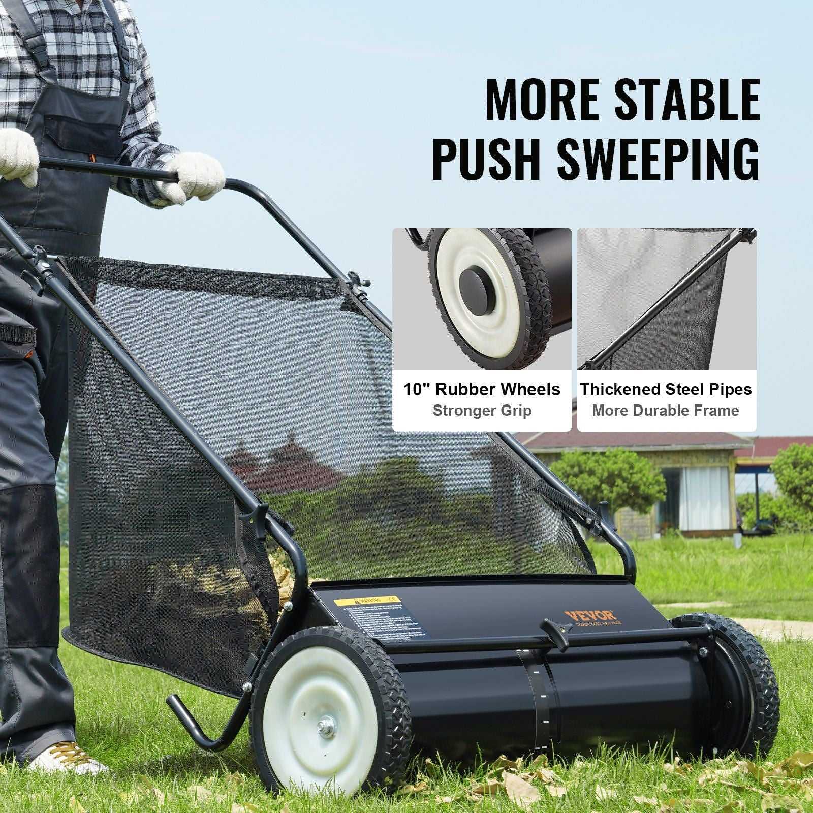 VEVOR Push Lawn Sweeper, 26-inch Leaf & Grass Collector, Strong Rubber Wheels & Heavy Duty Thickened Steel, Durable to Use with Large Capacity 7 cu. ft. Mesh Collection Hopper Bag, 4 Spinning Brushes - luxuryhomedecoridea.com