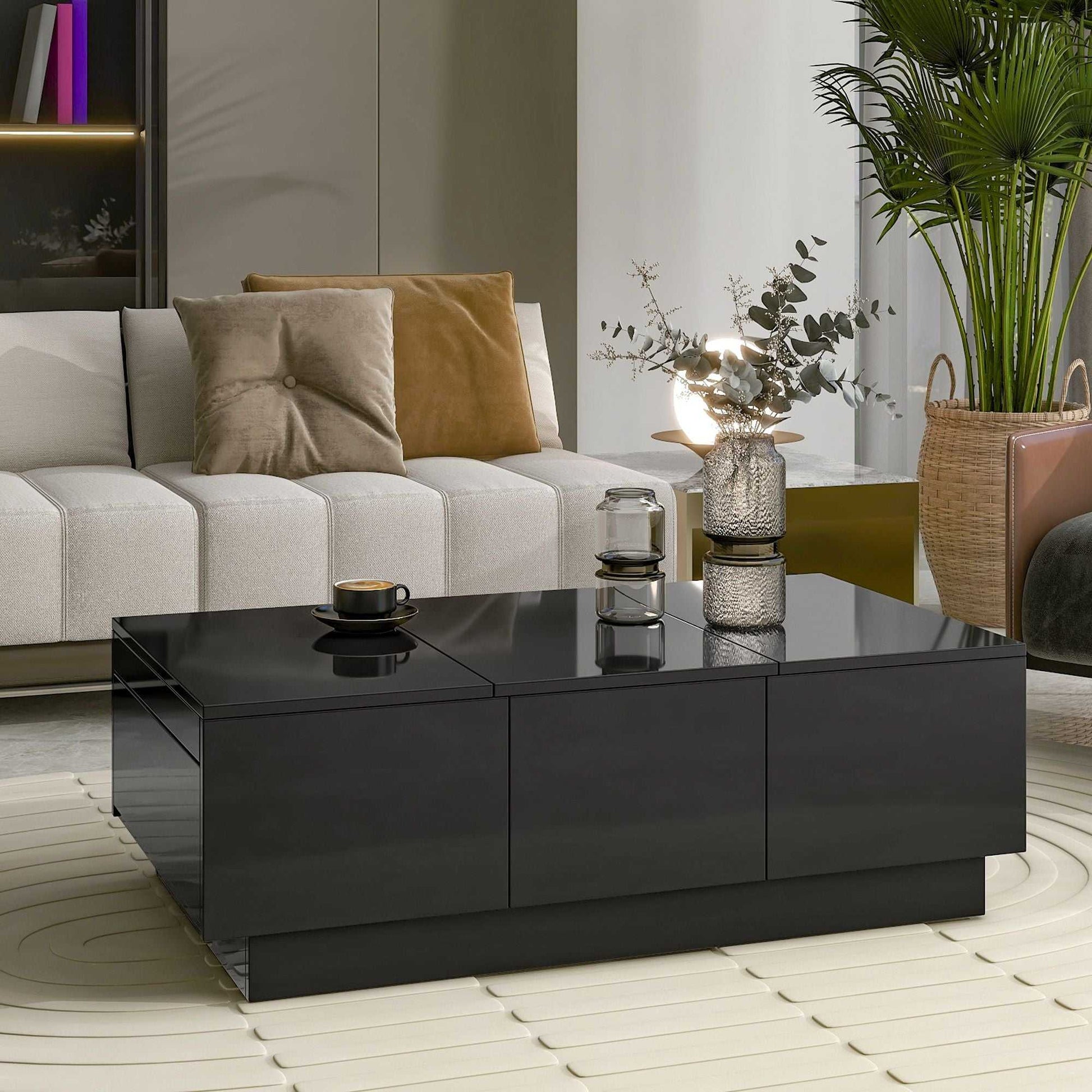 Coffee Table with 2 large Hidden Storage Compartment, Extendable Cocktail Table with 2 Drawers, High-gloss Center Table with Sliding Top for Living Room, 39.3"x21.6", Black - luxuryhomedecoridea.com