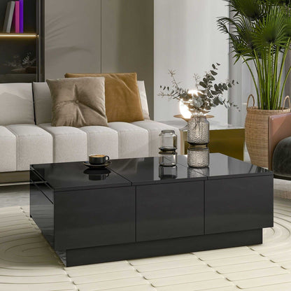 Coffee Table with 2 large Hidden Storage Compartment, Extendable Cocktail Table with 2 Drawers, High-gloss Center Table with Sliding Top for Living Room, 39.3"x21.6", Black - luxuryhomedecoridea.com