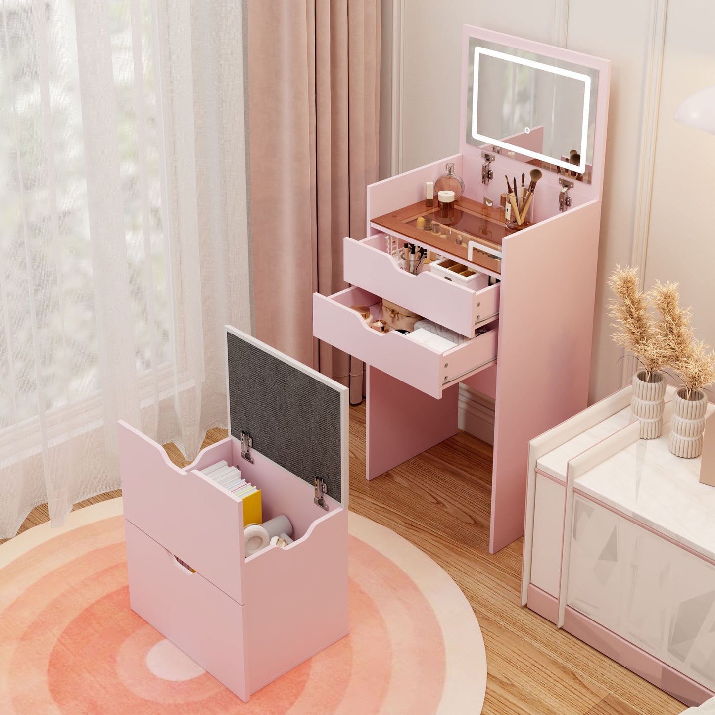 Dressing Table and Stool, 3-in-1 Multifunctional Dressing Table Set, Featuring Three-color Lighting Modes, HD Mirror, Two Sliding Drawers, and a Hidden Storage Stool - luxuryhomedecoridea.com