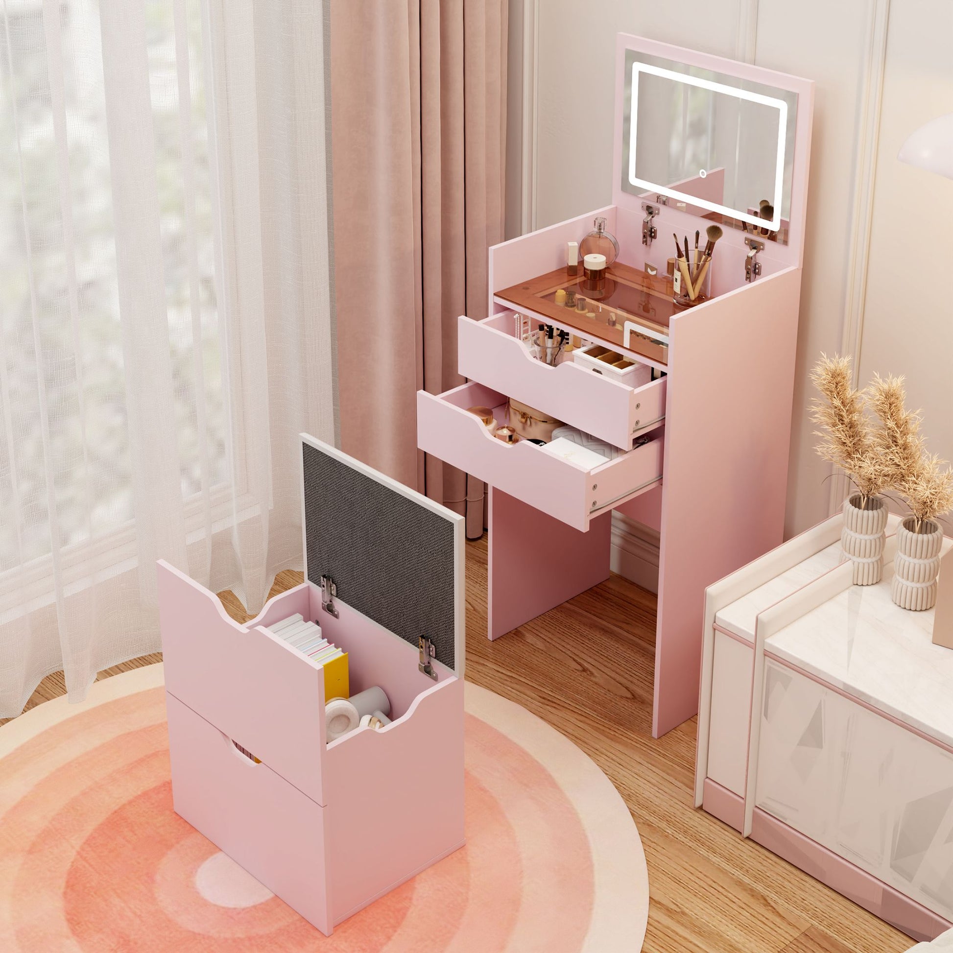 Dressing Table and Stool, 3-in-1 Multifunctional Dressing Table Set, Featuring Three-color Lighting Modes, HD Mirror, Two Sliding Drawers, and a Hidden Storage Stool - luxuryhomedecoridea.com