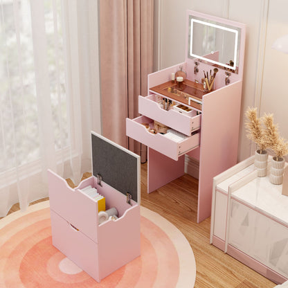 Dressing Table and Stool, 3-in-1 Multifunctional Dressing Table Set, Featuring Three-color Lighting Modes, HD Mirror, Two Sliding Drawers, and a Hidden Storage Stool - luxuryhomedecoridea.com