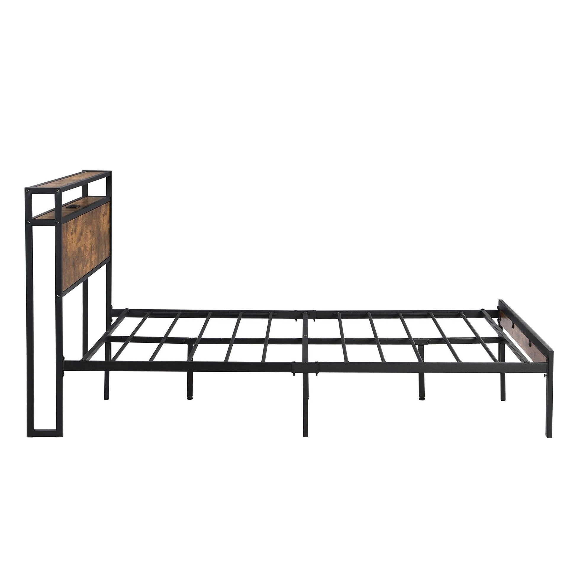 Queen Size Metal Platform Bed Frame with Wooden Headboard and Footboard with USB LINER, No Box Spring Needed, Large Under Bed Storage, Easy Assemble - luxuryhomedecoridea.com