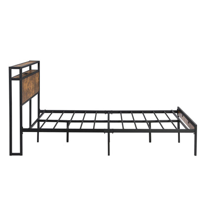 Queen Size Metal Platform Bed Frame with Wooden Headboard and Footboard with USB LINER, No Box Spring Needed, Large Under Bed Storage, Easy Assemble - luxuryhomedecoridea.com