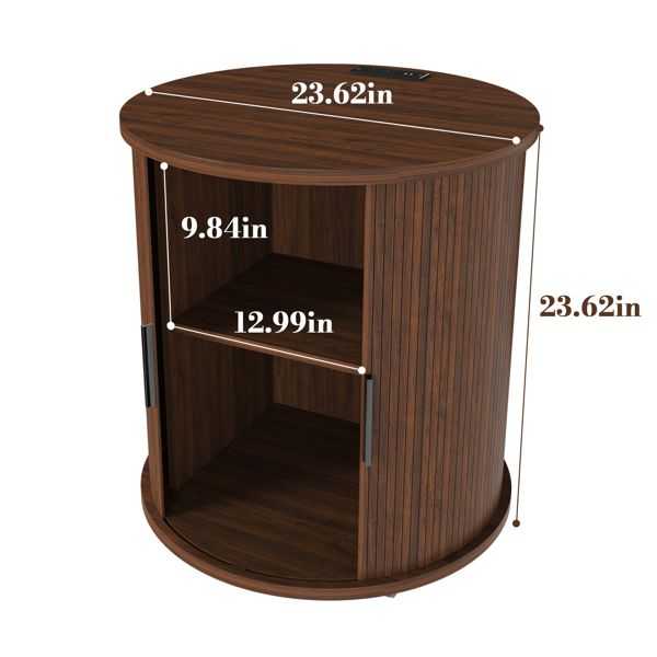 Mid Century Modern Cylinder End Table with Built-in Charging Station & Sliding Door, 2-Tier Storage Round Nightstand with USB Ports, Walnut Bedside Table for Living Room, Bedroom, Entryway - luxuryhomedecoridea.com