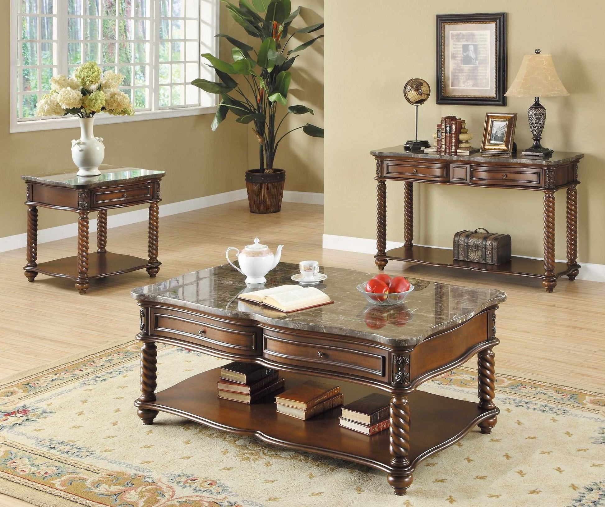 Traditional Formal Marble Top End Table with Drawer Lower Shelf Mahogany Finish Spiral Turned Legs Wooden 1pc Living Room Furniture Side Table - luxuryhomedecoridea.com