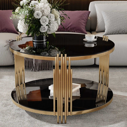 Modern Black Mirror Coffee Table, Asymmetrical Metal, Circular Metal Drum Base, Gold Finish & Lower Shelf - luxuryhomedecoridea.com