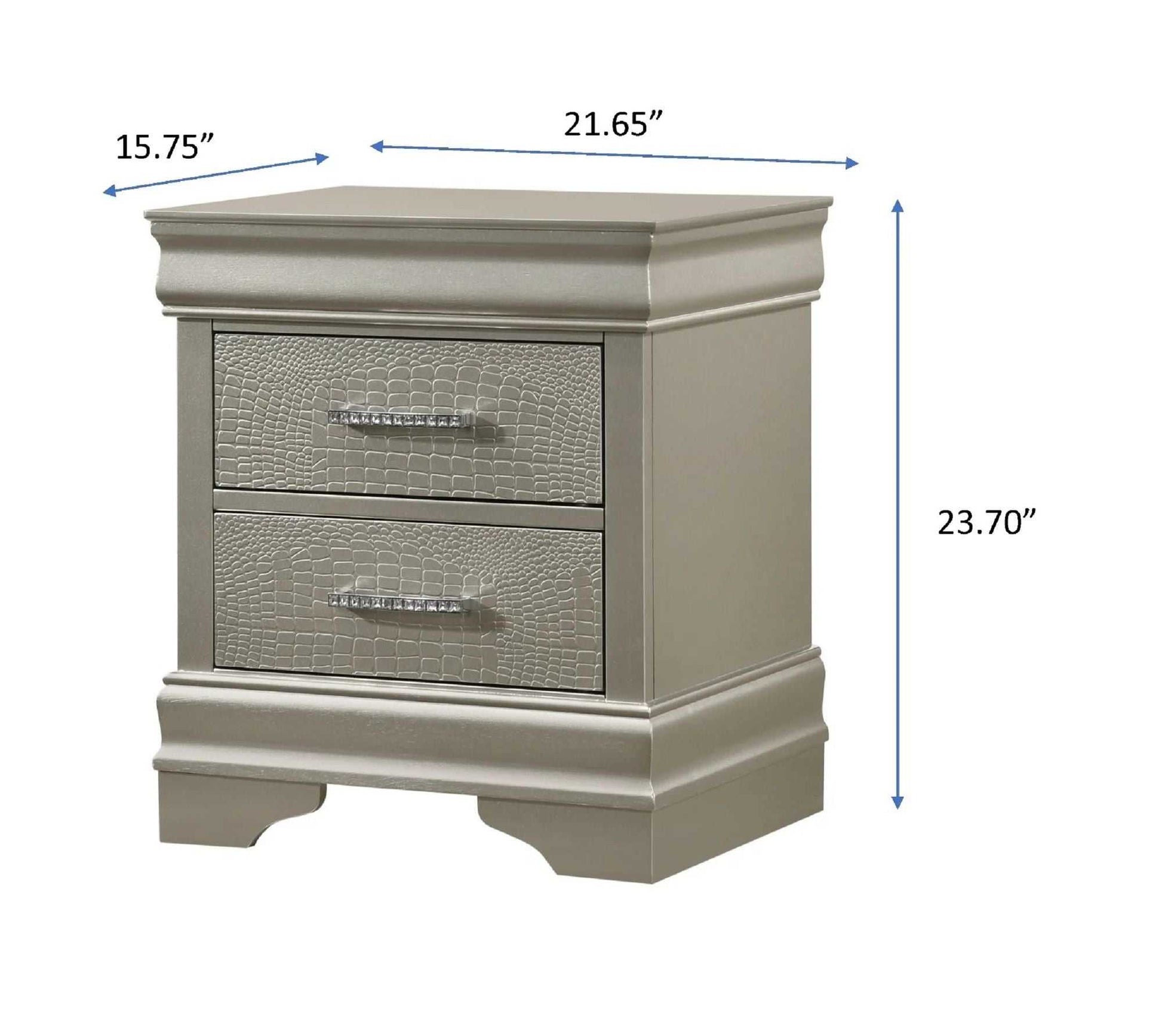 1pc Modern Glam Style Two Drawers Nightstand Champagne Finish Solid Wood Crystal-Like Diamond Tufted Crocodile Texture Bedroom Furniture - luxuryhomedecoridea.com