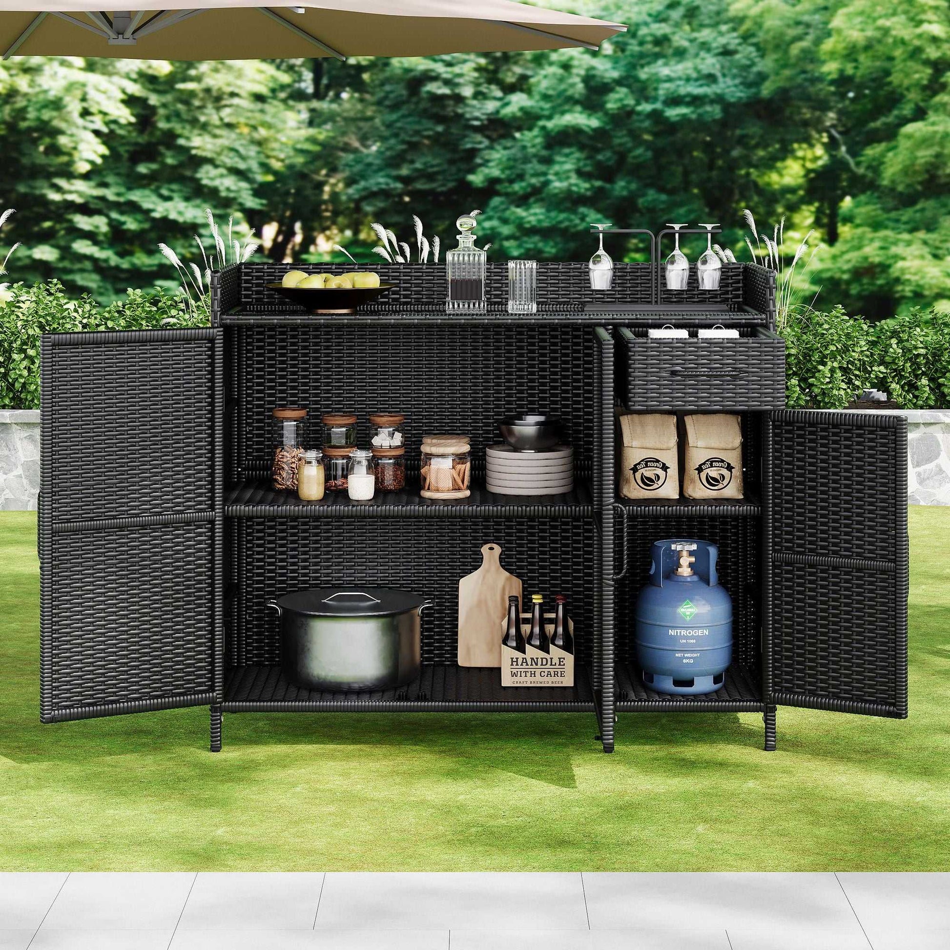 47.5"W Wicker Outdoor Storage Cabinet with Tempered Glass Desktop, Weather-proof Rattan Bar Table with Three Doors, Adjustable Shelf, and One Drawer, for Outdoor Cushions, Pool Toys - luxuryhomedecoridea.com