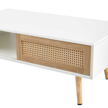 41.34" Rattan Coffee table, sliding door for storage, solid wood legs, Modern table for living room - luxuryhomedecoridea.com