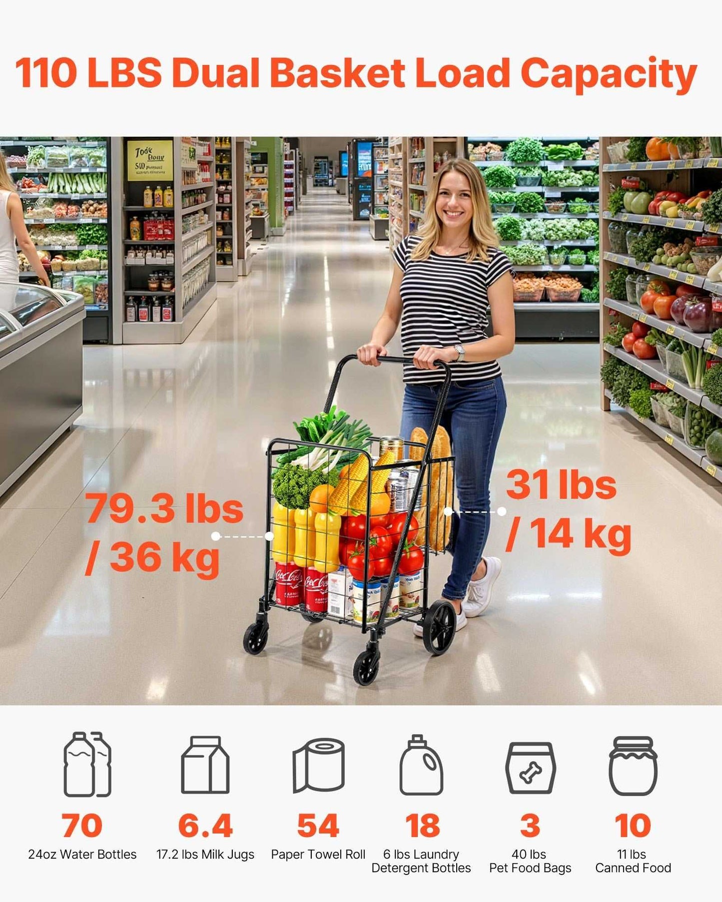 VEVOR Folding Shopping Cart, Jumbo Grocery Cart with Double Baskets, 360° Swivel Wheels, Heavy Duty Utility Cart, 110 LBS Large Capacity Utility Cart for Laundry, Shopping, Grocery, Luggage - luxuryhomedecoridea.com