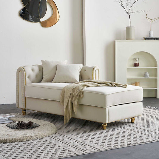 66.9''W Velvet Chaise Lounge,Luxury Modern Chaise Furniture,Tufted Back with 2pcs toss pillows for Living Room,Bedroom,Apartment,Beige Color - luxuryhomedecoridea.com