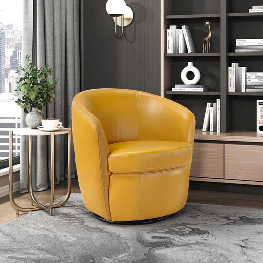 Luxury Living Room Furniture Swivel Chair Yellow Top Grain Leather Upholstery Solid Wood 1pc Barrel Back Accent Chair - luxuryhomedecoridea.com