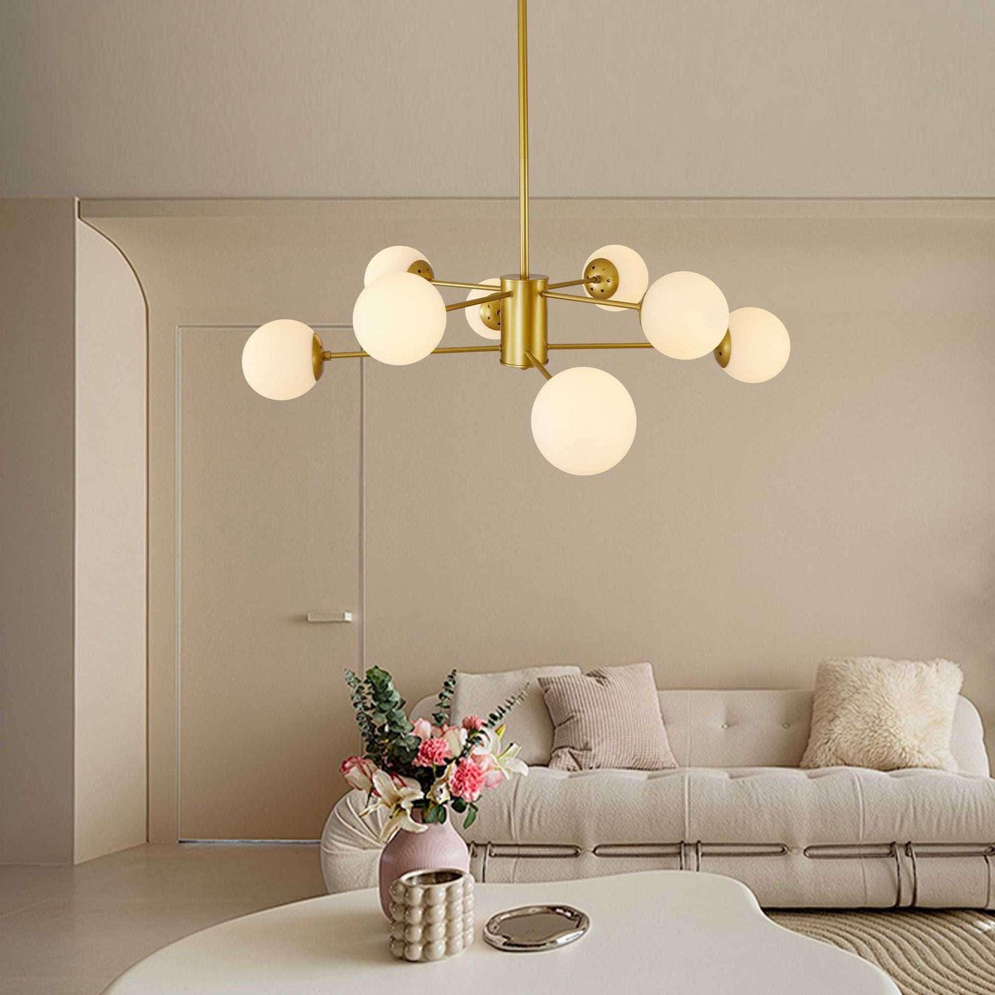 35" Modern 8-Light Gold Chandelier with White Glass Globe Shades, Mid-Century Branching Design, Elegant Ceiling Light Fixture for Dining Room, Living Room, or Bedroom (No Bulbs) - luxuryhomedecoridea.com