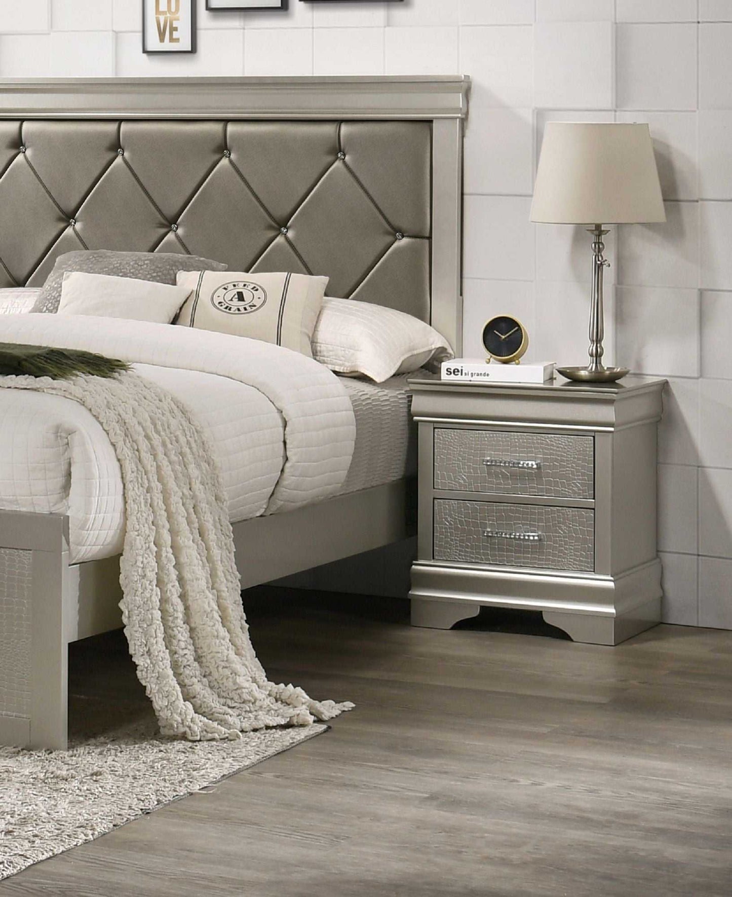 1pc Modern Glam Style Two Drawers Nightstand Champagne Finish Solid Wood Crystal-Like Diamond Tufted Crocodile Texture Bedroom Furniture - luxuryhomedecoridea.com