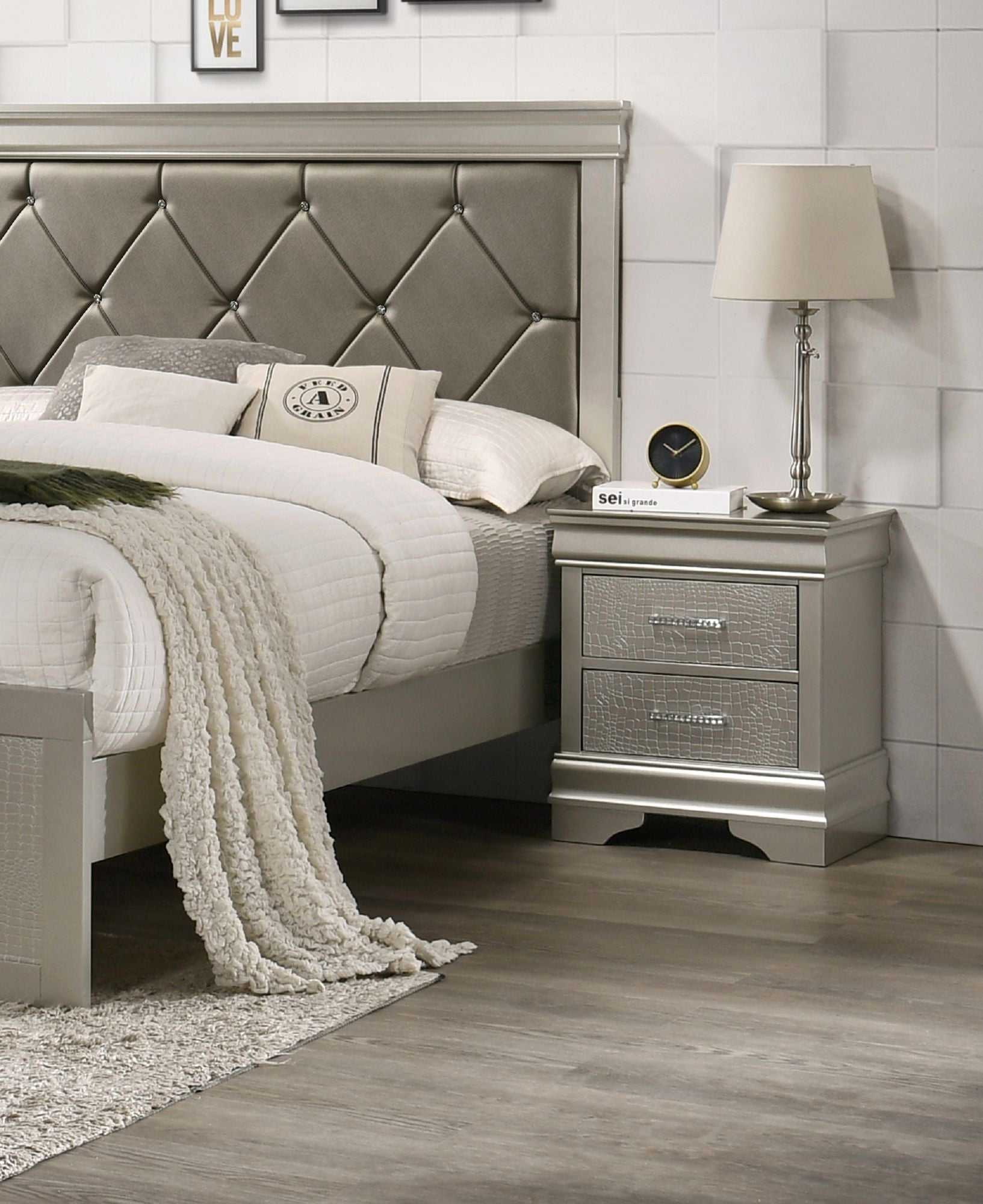 1pc Modern Glam Style Two Drawers Nightstand Champagne Finish Solid Wood Crystal-Like Diamond Tufted Crocodile Texture Bedroom Furniture - luxuryhomedecoridea.com