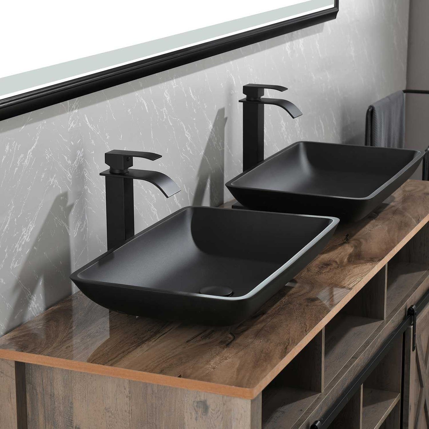 14.38" L -22.25" W -4-3/8 in. H Matte Shell Glass Rectangular Vessel Bathroom Sink in Black with Faucet and Pop-Up Drain in Matte Black - luxuryhomedecoridea.com