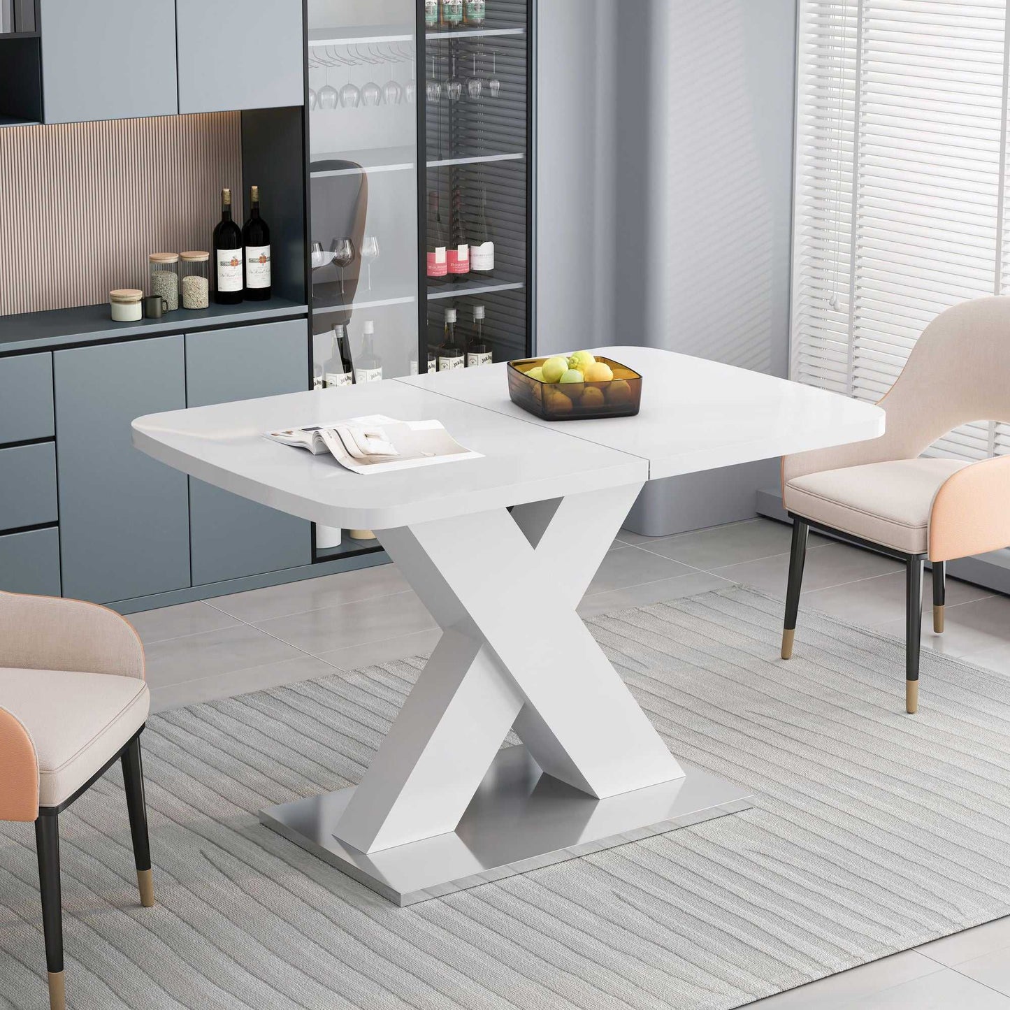 Modern Square Dining Table, Stretchable, White Table Top+MDF X-Shape Table Leg with Metal Base - luxuryhomedecoridea.com