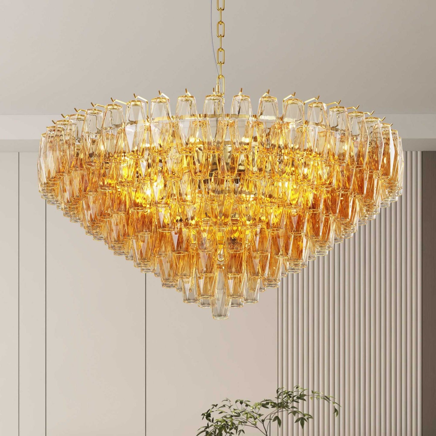 37" Extra Large Chandelier, 14-Light Gold Modern Round Chandelier for Living Room, Tiered Smoke Blown Glass Brass Chandeliers, Hanging Light Fixture for Bedroom, Dining Room, Foyer, Entryway - luxuryhomedecoridea.com
