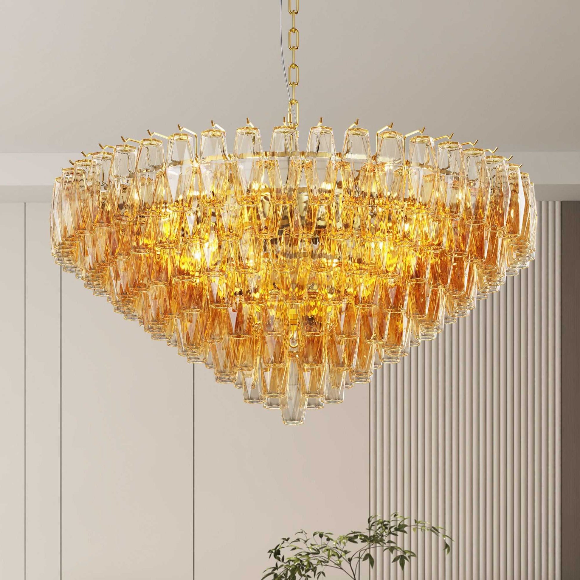 37" Extra Large Chandelier, 14-Light Gold Modern Round Chandelier for Living Room, Tiered Smoke Blown Glass Brass Chandeliers, Hanging Light Fixture for Bedroom, Dining Room, Foyer, Entryway - luxuryhomedecoridea.com