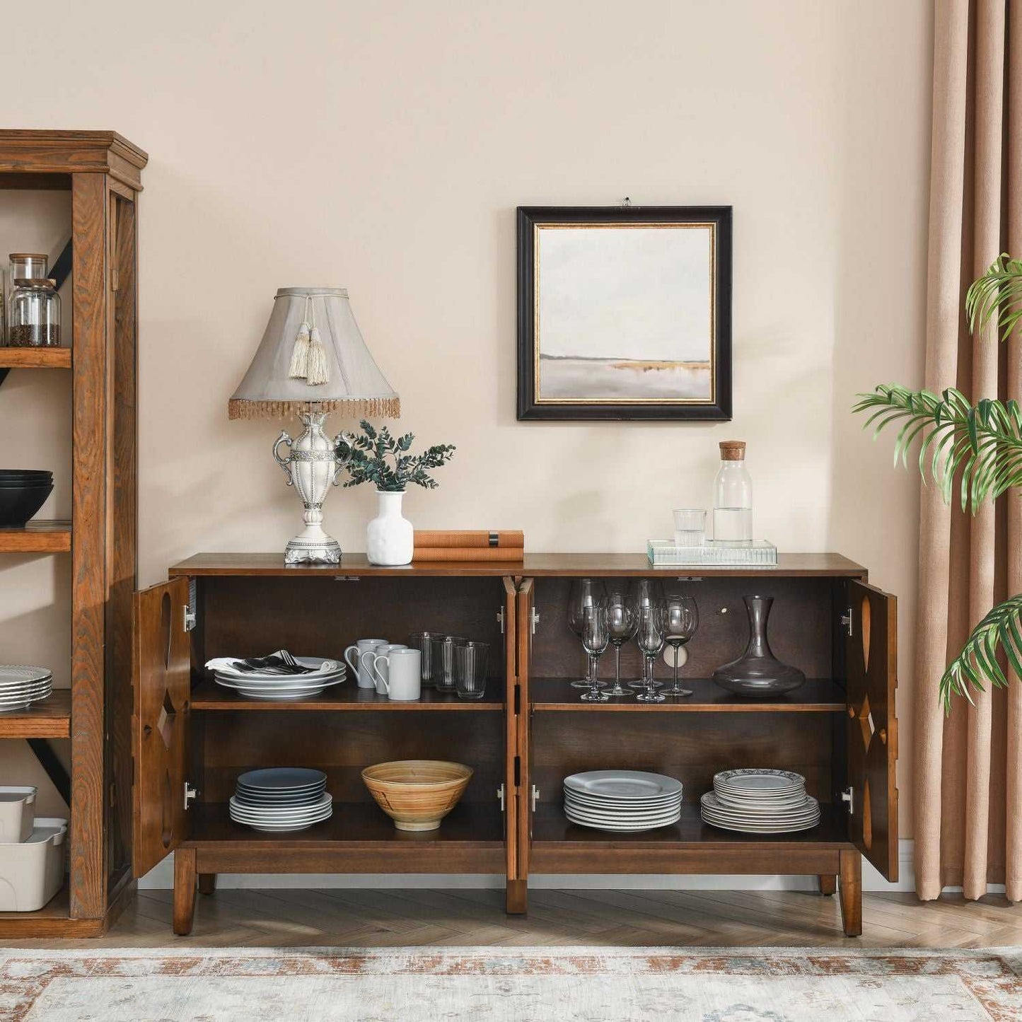 60.5" Mid Century Modern Sideboard Buffet Cabinet with Storage, TV Media Console Table, Storage Cabinet with 4 Doors & Adjustable Shelves for Kitchen Dining Living Room Entryway, Walnut - luxuryhomedecoridea.com